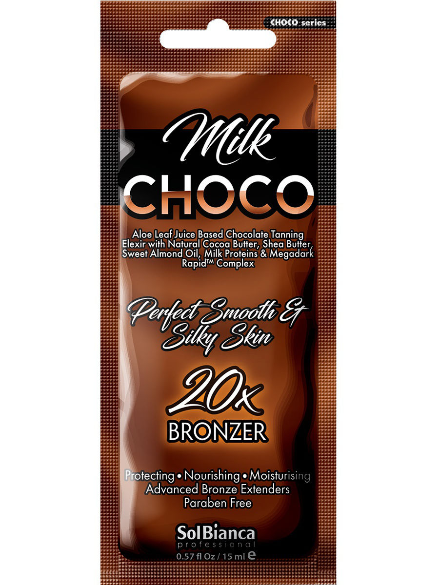 Крем д/солярия на основе алоэ “Choco Milk” 20х bronzer,15мл (масла какао, Ши и миндаля, протеины молока, витам. комплекс)
